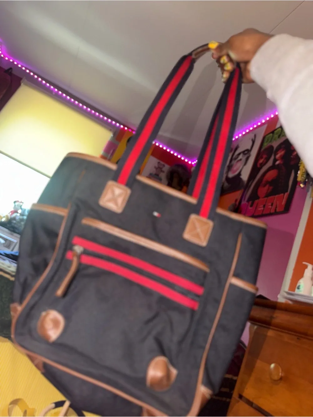 Tommy Hilfiger Black Canvas Backpack Tote with Brown Trim and Red Stripe